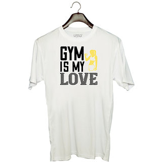                       UDNAG Unisex Round Neck Graphic 'Gym | gym is my love' Polyester T-Shirt White                                              