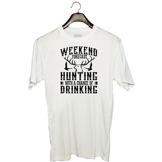                       UDNAG Unisex Round Neck Graphic 'Hunter | Weekend-1' Polyester T-Shirt White                                              
