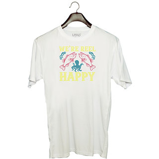                       UDNAG Unisex Round Neck Graphic 'Fishing | Were reel happy' Polyester T-Shirt White                                              
