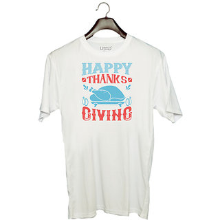                       UDNAG Unisex Round Neck Graphic 'Thanksgiving Day | Happy thanks giving' Polyester T-Shirt White                                              