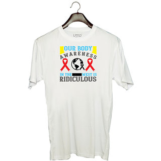                       UDNAG Unisex Round Neck Graphic 'Awareness | Our body awareness in the West is ridiculous' Polyester T-Shirt White                                              
