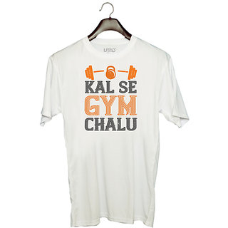                       UDNAG Unisex Round Neck Graphic 'Gym | kal se gym chalu' Polyester T-Shirt White                                              