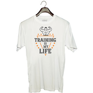                       UDNAG Unisex Round Neck Graphic 'Gym | traing is my life' Polyester T-Shirt White                                              