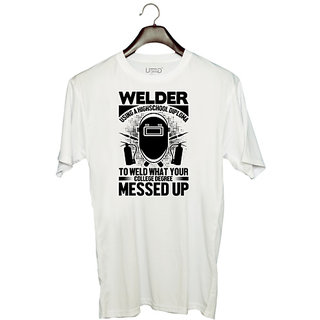                       UDNAG Unisex Round Neck Graphic 'Welder | Welder using' Polyester T-Shirt White                                              