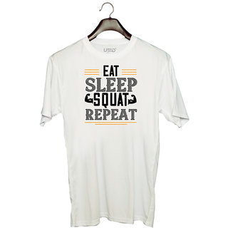                       UDNAG Unisex Round Neck Graphic 'Gym | eat sleep squat repeat' Polyester T-Shirt White                                              