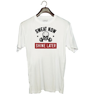                       UDNAG Unisex Round Neck Graphic 'Gym | sweat now shine later' Polyester T-Shirt White                                              