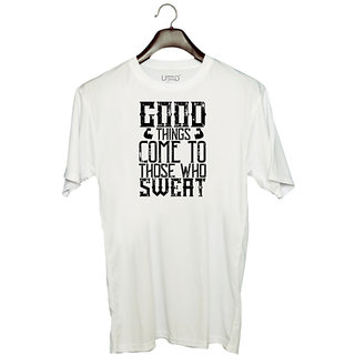                       UDNAG Unisex Round Neck Graphic 'Hard Work | Good things come to those who sweat' Polyester T-Shirt White                                              