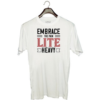                       UDNAG Unisex Round Neck Graphic 'Gym | embrace the pain lite heavy' Polyester T-Shirt White                                              