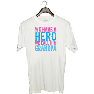                       UDNAG Unisex Round Neck Graphic 'Grand Father | We have a hero, we call him grandpa' Polyester T-Shirt White                                              