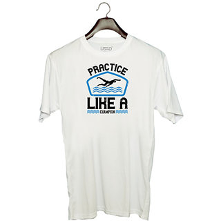                       UDNAG Unisex Round Neck Graphic 'Swimming | Practice like a champion' Polyester T-Shirt White                                              
