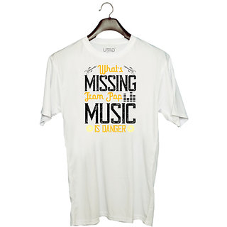                       UDNAG Unisex Round Neck Graphic 'Music | What's missing from pop music is danger' Polyester T-Shirt White                                              