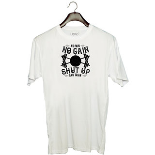                       UDNAG Unisex Round Neck Graphic 'Gym | No pain, no gain. Shut up and train' Polyester T-Shirt White                                              