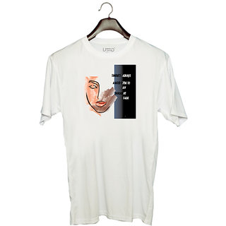                       UDNAG Unisex Round Neck Graphic 'Innocent | There always a wide side to an innocent face' Polyester T-Shirt White                                              