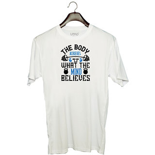                       UDNAG Unisex Round Neck Graphic 'Gym | The body achieves what the mind believes copy' Polyester T-Shirt White                                              