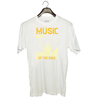                       UDNAG Unisex Round Neck Graphic 'Music | Music is an outburst of the soul' Polyester T-Shirt White                                              