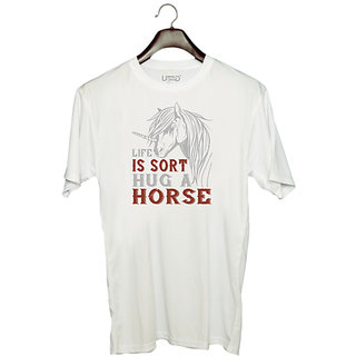                       UDNAG Unisex Round Neck Graphic 'Horse | life is sort hug a horse' Polyester T-Shirt White                                              
