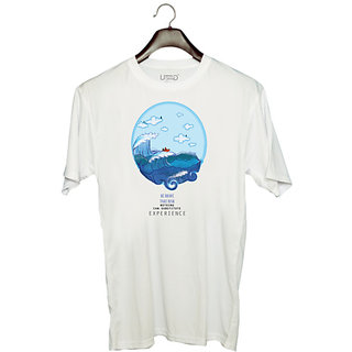                       UDNAG Unisex Round Neck Graphic 'Sea Tide | Be Brave Take Risk' Polyester T-Shirt White                                              