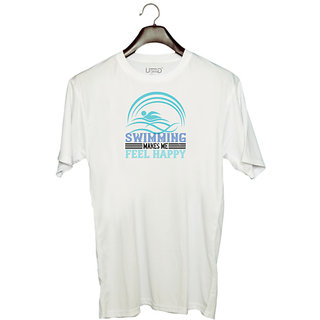                       UDNAG Unisex Round Neck Graphic 'Swimming | Swimming makes me feel happy' Polyester T-Shirt White                                              
