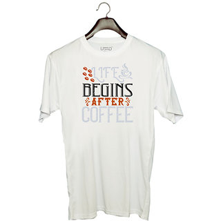                       UDNAG Unisex Round Neck Graphic 'Coffee | life begins after coffee' Polyester T-Shirt White                                              