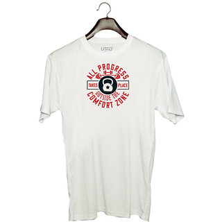                       UDNAG Unisex Round Neck Graphic 'Gym | All progress takes place outside the comfort zone' Polyester T-Shirt White                                              