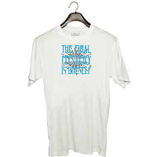                       UDNAG Unisex Round Neck Graphic 'Mystery | The final mystery is oneself' Polyester T-Shirt White                                              