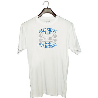                       UDNAG Unisex Round Neck Graphic 'Gym | Make Sweat Your Best Accessory' Polyester T-Shirt White                                              