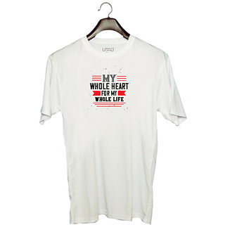                       UDNAG Unisex Round Neck Graphic 'Love | my whole heart for my whole life' Polyester T-Shirt White                                              
