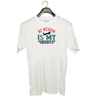                       UDNAG Unisex Round Neck Graphic 'Swimming | My weapon is my body' Polyester T-Shirt White                                              