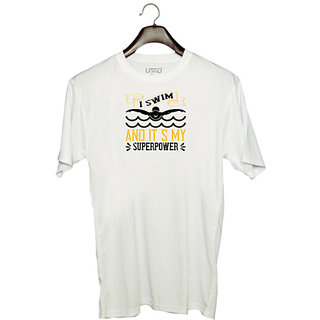                       UDNAG Unisex Round Neck Graphic 'Swimming | I swim, and its my superpower' Polyester T-Shirt White                                              