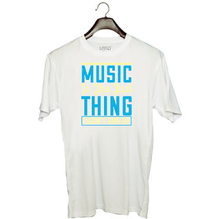                       UDNAG Unisex Round Neck Graphic 'Music | Music is the first thing I didn't give up' Polyester T-Shirt White                                              
