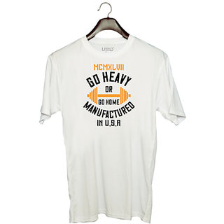                       UDNAG Unisex Round Neck Graphic 'Gym | Mcmxlvii go heavy or go home manufactured in' Polyester T-Shirt White                                              