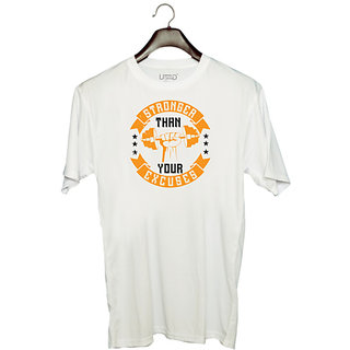                       UDNAG Unisex Round Neck Graphic 'Gym | stronger than your excuses' Polyester T-Shirt White                                              