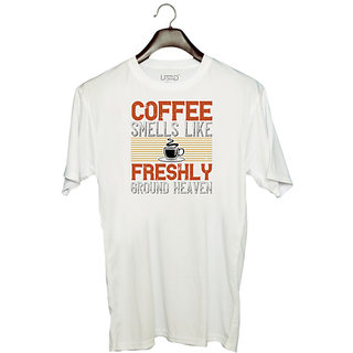                       UDNAG Unisex Round Neck Graphic 'Coffee | Coffee smells like freshly ground heaven' Polyester T-Shirt White                                              