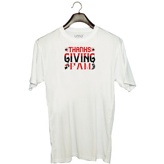                       UDNAG Unisex Round Neck Graphic 'Thanks Giving | Thanks giving fam' Polyester T-Shirt White                                              