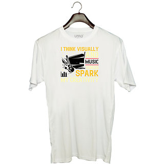                       UDNAG Unisex Round Neck Graphic 'Music | I think visually, and music videos spark my creativity' Polyester T-Shirt White                                              