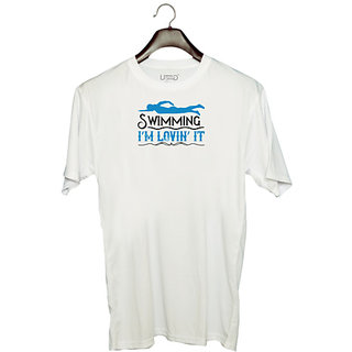                       UDNAG Unisex Round Neck Graphic 'Swimming | swimming Im lovin it' Polyester T-Shirt White                                              