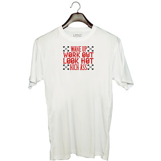                       UDNAG Unisex Round Neck Graphic 'Gym | Wake up. Work out. Look hot. Kick ass' Polyester T-Shirt White                                              