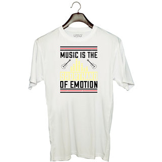                       UDNAG Unisex Round Neck Graphic 'Music | Music is the shorthand of emotion' Polyester T-Shirt White                                              