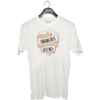                       UDNAG Unisex Round Neck Graphic 'Coffee | COFFEE! IS THE PLANET SHAKING OR IS JUST ME' Polyester T-Shirt White                                              