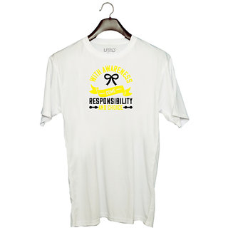                       UDNAG Unisex Round Neck Graphic 'Awareness | With awareness come responsibility and choice' Polyester T-Shirt White                                              