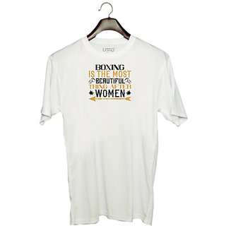                       UDNAG Unisex Round Neck Graphic 'Boxing | Boxing is the most beautiful thing after women' Polyester T-Shirt White                                              