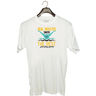                      UDNAG Unisex Round Neck Graphic 'Swimming | Real athletes swim the rest' Polyester T-Shirt White                                              