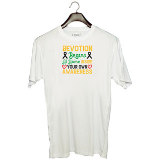                       UDNAG Unisex Round Neck Graphic 'Awareness | Devotion begins at home, inside your own awareness' Polyester T-Shirt White                                              