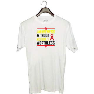                       UDNAG Unisex Round Neck Graphic 'Awareness | Awareness without action is worthless' Polyester T-Shirt White                                              