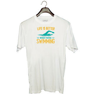                       UDNAG Unisex Round Neck Graphic 'Swimming | Life is better when youre wsiming' Polyester T-Shirt White                                              