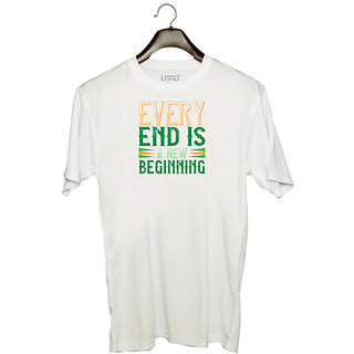                       UDNAG Unisex Round Neck Graphic 'Begining | every end is a new beginning' Polyester T-Shirt White                                              