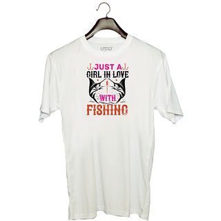                       UDNAG Unisex Round Neck Graphic 'Fishing | Just a GIRL IN LOVE with fishing' Polyester T-Shirt White                                              