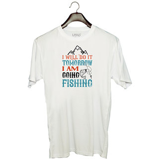                       UDNAG Unisex Round Neck Graphic 'Fishing | I WILL DO IT TOMORROW' Polyester T-Shirt White                                              