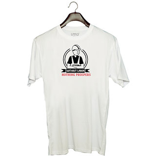                       UDNAG Unisex Round Neck Graphic 'Labor | Without labor nothing prospers' Polyester T-Shirt White                                              