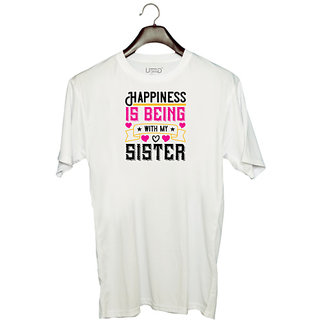                       UDNAG Unisex Round Neck Graphic 'Sister | Happiness is being with my sister-1' Polyester T-Shirt White                                              